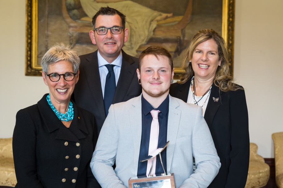 Riley Briese (centre), with the Governor of Victoria, the Hon. Linda Dessau AC, the Premier of Victoria, the Hon. Daniel Andrews MP; and Ms Penny Fowler, Murdoch family representative